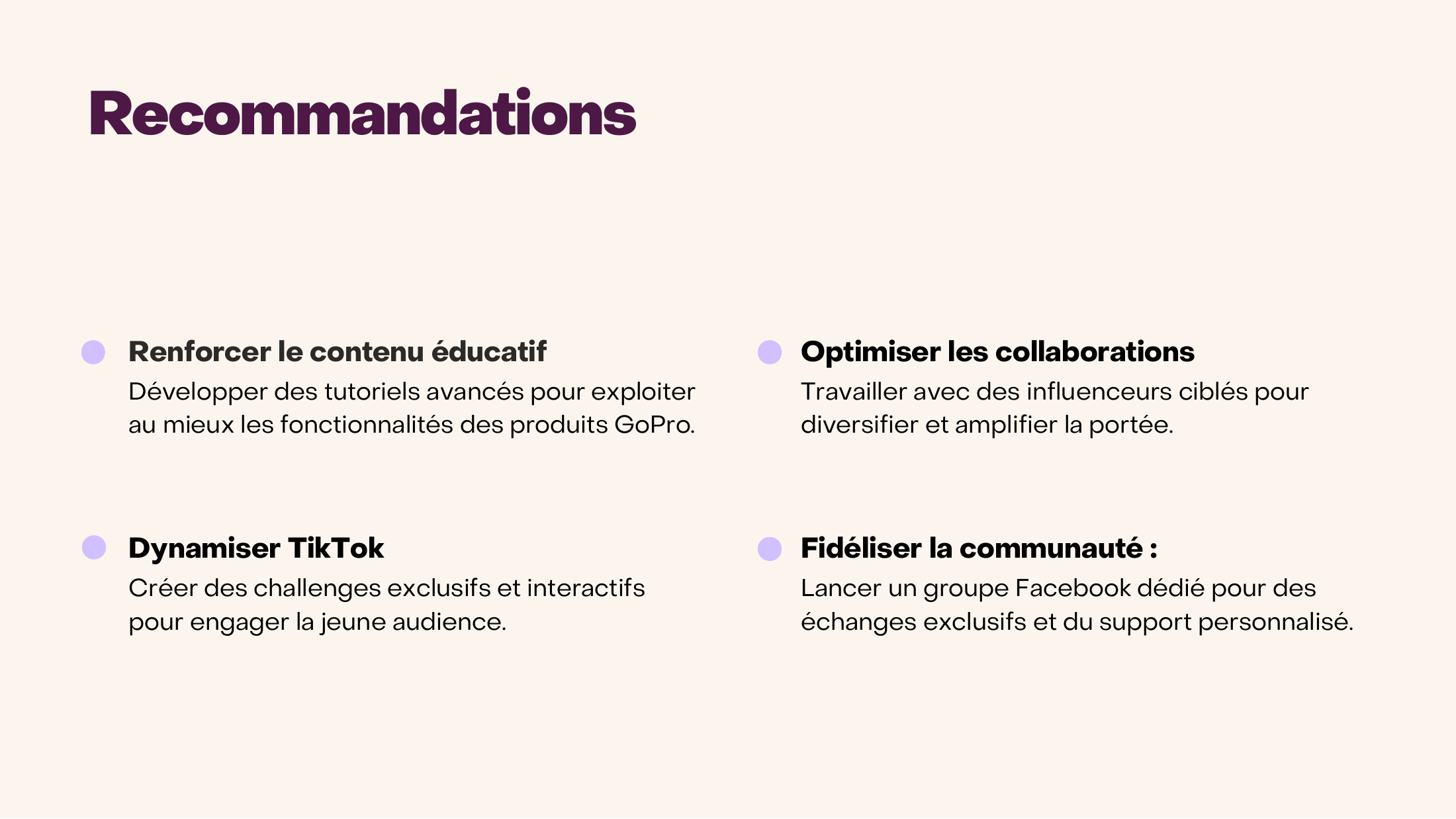 Synthèse des recommandations proposées pour GoPro